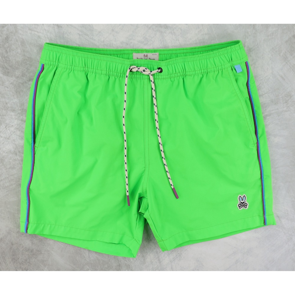 Psycho Bunny Swim Trunks Mens Small S Neon Green Piping Board‎ Shorts Lined 5"